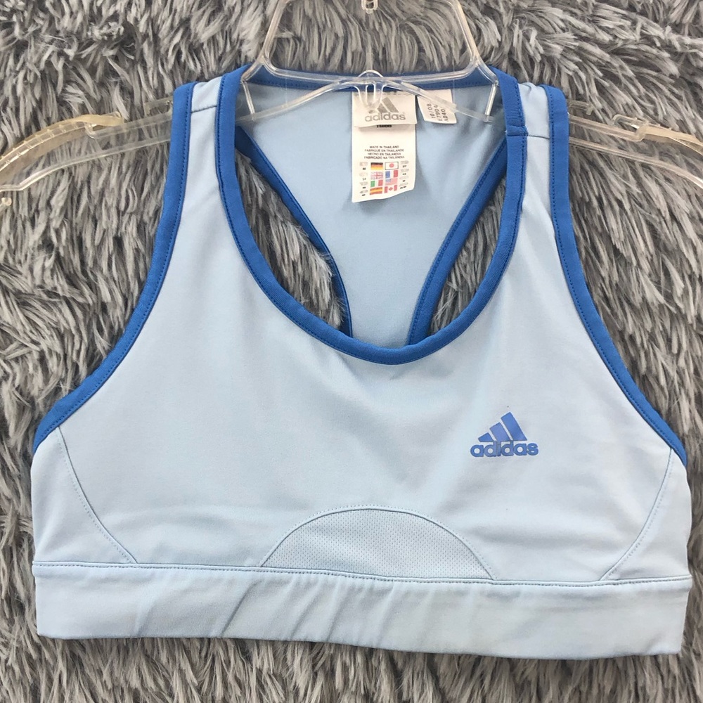 Adidas Sports Bra Womens Medium Climalite Blue Spellout Logo